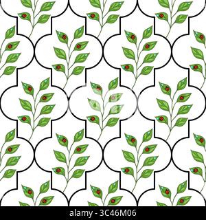 A seamless vector pattern featuring green leaves with ladybug on a white background, framed by black outlines in an elegant design. Stock Vector