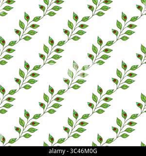 A seamless vector pattern featuring green leaves with ladybug and water droplets on a white background. The design is repetitive and ideal for textile Stock Vector