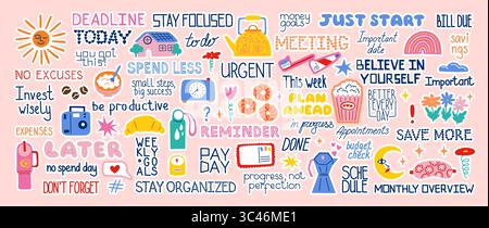 Planner stickers. Cute scrapbook. Diary doodles. Daily week calendar or notebook. Deadline reminder. Agenda journal. Girl paper notes. Task planning label. Motivation phrase. Vector trendy icons set Stock Vector