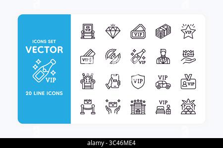 VIP icons. Event benefit. Line stroke membership ticket or exclusive admission. Luxury special star. Member coupon badge. Premium quality. Privilege ticket. Celebrity club loyalty. Vector symbols set Stock Vector