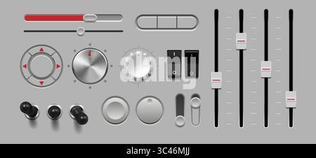 3d button. Control slider knob. Sound switch panel or metal radio dial. Stereo fader equipment. Music volume level tuner. Recorder equalizer. Multimedia regulator. Vector realistic console sliders set Stock Vector