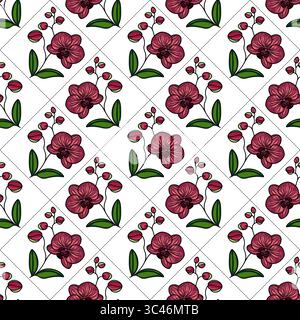 A seamless vector pattern featuring vibrant burgundy orchids and green leaves on a white background. The design includes various stages of orchid bloo Stock Vector