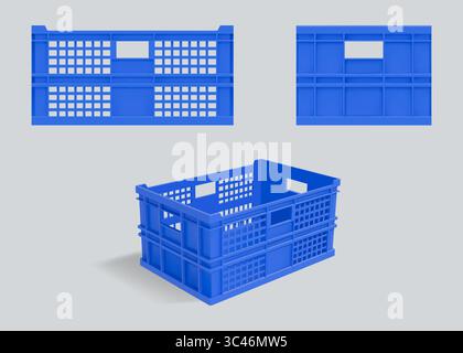 Plastic crate. Milk pallet box. Blue beer tray or open front container. 3D drink storage package case. Warehouse food reusable pack side view. Supermarket basket. Vector isolated packaging mockups set Stock Vector