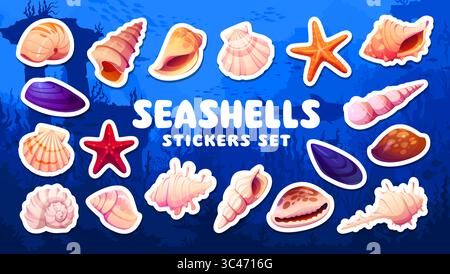 Cartoon seashells stickers pack of underwater scallops and pearl shells, vector set. Ocean seashells and sea shells stickers of starfish, conch or mussel and nautilus, cockle and clamshell mollusk Stock Vector