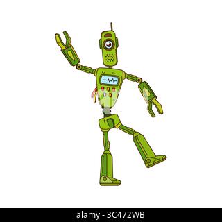 Cartoon groovy robot character with green body and one big eye. Vector comic dancing y2k droid with antenna, control panel and jointed arms. Funny retro personage in motion with vintage hippie vibe Stock Vector