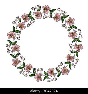 A circular floral wreath design featuring pink flowers and green leaves, with small buds and blossoms. The arrangement is symmetrical and decorative, Stock Vector
