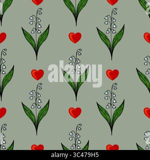 A vector seamless pattern featuring stylized flowers with green leaves, white lily of the valley blooms, and red hearts on a muted green background. Stock Vector