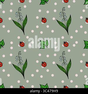 A vector seamless pattern featuring ladybugs, lily of the valley flowers, and green leaves on a muted green background with pink polka dots. Stock Vector