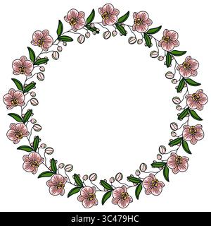 A circular floral frame featuring pink orchids and green leaves, ideal for invitations or decorative purposes. Stock Vector