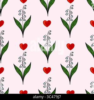 A vector seamless pattern featuring red hearts and white lily of the valley flowers with green leaves on a soft pink background. Stock Vector