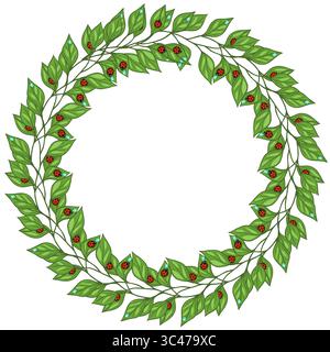 A circular wreath made of green leaves and small red berries, creating a natural and festive appearance. The design is symmetrical and can be used for Stock Vector