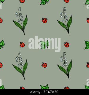 A vector seamless pattern featuring hand-drawn illustrations of lily of the valley flowers, green leaves, and red ladybugs on a muted green background Stock Vector