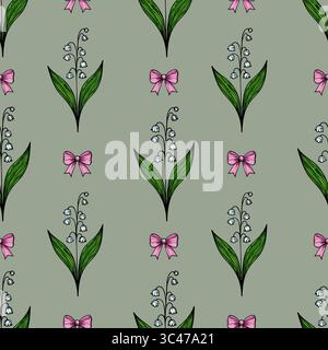 A vector seamless pattern featuring delicate lily of the valley flowers with pink bows on a muted green background. The design is elegant and floral, Stock Vector