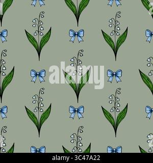 A vector seamless pattern featuring stylized lily of the valley flowers with green leaves and blue bows on a muted green background. Stock Vector