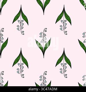 A vector seamless pattern featuring stylized lily of the valley flowers with green leaves on a soft pink background. Stock Vector