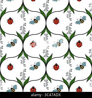 A vector whimsical pattern featuring ladybugs and bees surrounded by green leaves and vines on a white background. Stock Vector