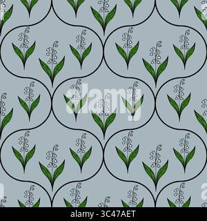 A vector seamless pattern featuring stylized lily of the valley flowers with green leaves on a light blue background, enclosed in circular outlines. Stock Vector