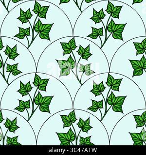 A vector seamless pattern featuring green ivy leaves arranged in circular sections on a light blue background. The design is intricate and botanical, Stock Vector