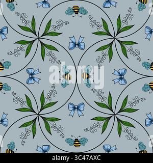 A vector seamless pattern featuring blue butterflies, bees, and green leaves on a lightblue background. The design is symmetrical with floral elements Stock Vector