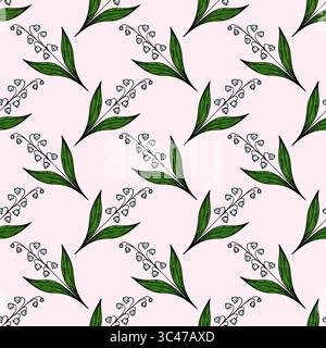 A seamless floral pattern featuring delicate lily of the valley flowers with green leaves on a soft pink background. Stock Vector