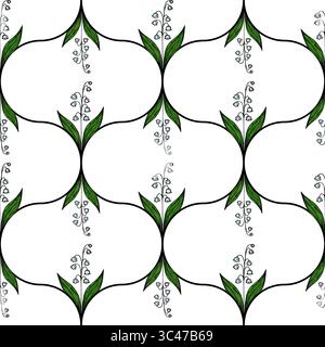 A seamless floral pattern featuring green leaves and delicate white flowers arranged in a symmetrical design. The background is white, enhancing the v Stock Vector