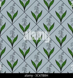 A seamless floral pattern featuring stylized lily of the valley flowers with green leaves on a light blue background. The design is symmetrical and re Stock Vector