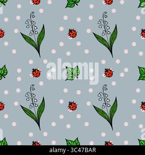 A vector seamless pattern featuring ladybugs, green leaves, and lily of the valley flowers on a light blue background with polka dots. Stock Vector