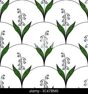 A vector seamless pattern featuring stylized lily of the valley flowers with green leaves on a white background. The design is repetitive and elegant, Stock Vector