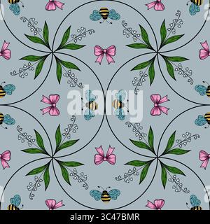 A vector seamless pattern featuring bees, pink bows, and green leaves on a light blue background. The design is symmetrical with floral elements and d Stock Vector