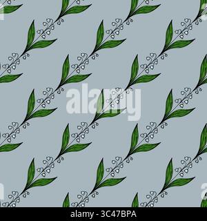A vector seamless pattern featuring stylized green leaves and small white flowers on a softblue background. The design is intricate and suitable for t Stock Vector