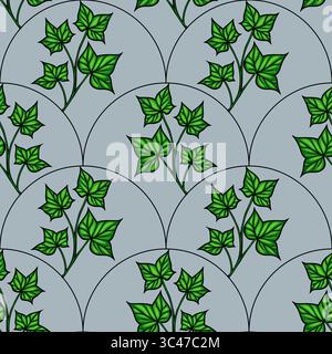 A vector seamless pattern featuring green ivy leaves on a lightblue background, arranged in a circular design. The leaves are detailed and vibrant, cr Stock Vector