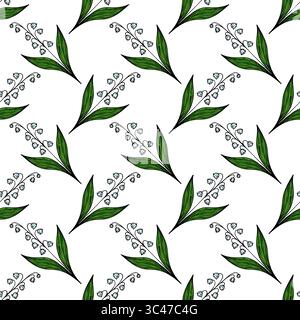 A seamless floral pattern featuring delicate lily of the valley flowers with green leaves on a white background. Stock Vector