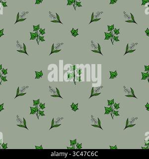 A vector seamless pattern featuring green leaves and small white flowers on a muted green background. The design is simple and elegant, suitable for f Stock Vector