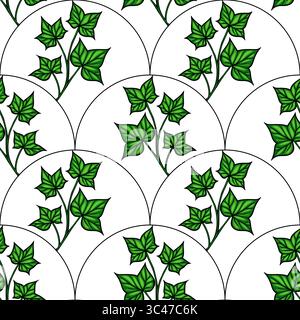 A vector seamless pattern featuring green ivy leaves arranged in circular shapes on a white background. The design is vibrant and suitable for various Stock Vector
