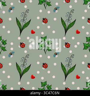 A vector whimsical pattern featuring ladybugs, bees, flowers, and hearts on a green background. The design includes polka dots and various plants, cre Stock Vector