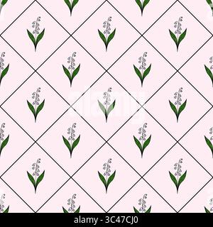 A vector seamless pattern featuring delicate green leaves and white flowers arranged in a diamond grid on a soft pink background. Stock Vector