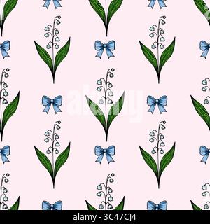 A vector seamless pattern featuring stylized lily of the valley flowers with green leaves and blue bows on a light pink background. Stock Vector