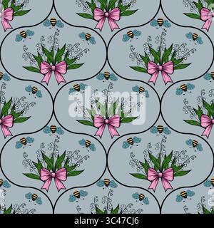 A vector seamless pattern featuring bouquets with pink bows, blue butterflies, and bees on a light blue background. The design is whimsical and colorf Stock Vector