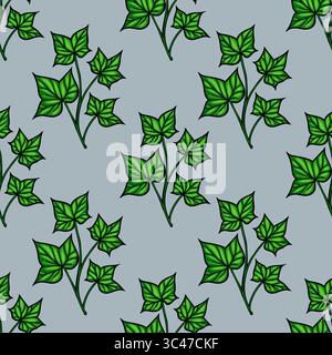 A vector seamless pattern featuring green ivy leaves on a lightblue background. The design showcases various ivy leaf arrangements, creating a natural Stock Vector
