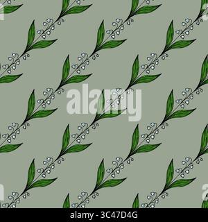A vector seamless pattern featuring delicate green leaves and small white flowers on a muted green background. The design is elegant and suitable for Stock Vector