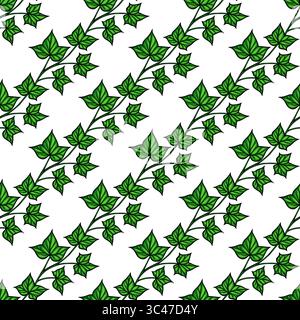 A vector seamless pattern featuring green ivy leaves on a white background. The design showcases various sizes and orientations of the leaves, creatin Stock Vector