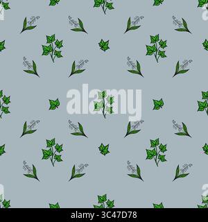 A vector seamless pattern featuring various green leaves and small floral elements on a lightblue background. The design is simple and elegant, suitab Stock Vector