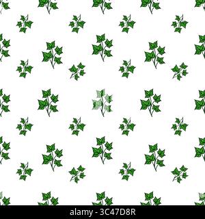 A vector seamless pattern featuring green ivy leaves on a white background. The leaves are detailed and arranged in a repetitive design, creating a fr Stock Vector