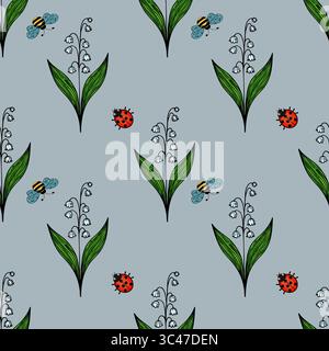 A vector seamless pattern featuring stylized lily of the valley flowers, bees, and ladybugs on a light blue background. Stock Vector