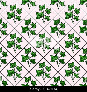 A vector seamless pattern featuring green ivy leaves on a light pink background, arranged in a diamond grid layout. The leaves are detailed and vibran Stock Vector