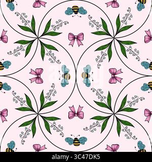 A seamless floral pattern featuring pink bows, bees, and green leaves on a light pink background. The design is symmetrical with a whimsical and playf Stock Vector