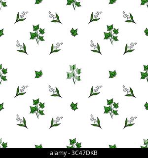 A vector seamless pattern featuring green leaves and white flowers on a white background. The design includes various leaf shapes and clusters of smal Stock Vector