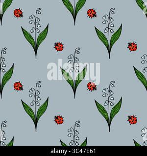 A vector seamless pattern featuring green leaves and white lily of the valley flowers, interspersed with red ladybugs, all set against a light blue ba Stock Vector