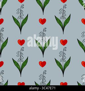 A vector seamless pattern featuring stylized flowers with white petals and green leaves, interspersed with red hearts, set against a lightblue backgro Stock Vector