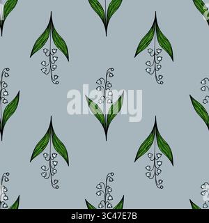 A vector seamless pattern featuring stylized lily of the valley flowers with green leaves on a lightblue background. The design is intricate and flora Stock Vector